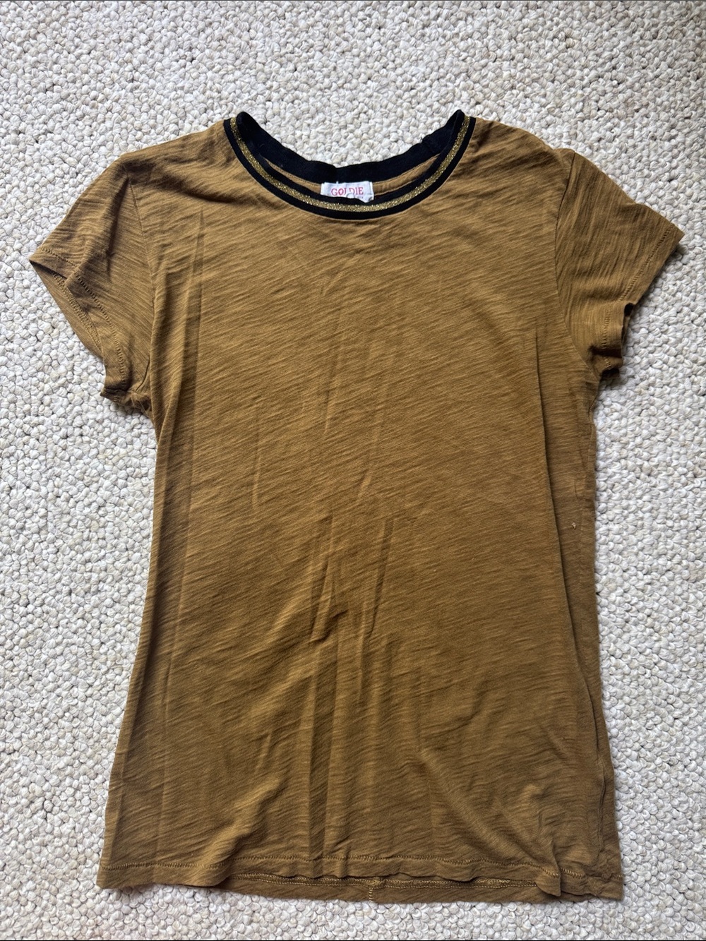 Goldie Mustard Brown Tee with Black and Gold Neck Trim Size XS